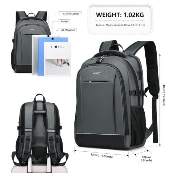 KONO Bakpoki USB Grár KONO Grár með festingu fyrir ferðatösku.Og USB hleðslu port.Og 13.5" fartölvu hólf og Spjaldtölvu. Lás fylgir. Stærð H 48 cm B 33 cm Þ 10 cm