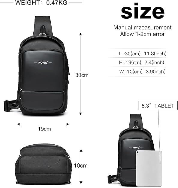 KONO Smart Sling brjóstpoki með USB hleðslutengi Svartur - Image 7